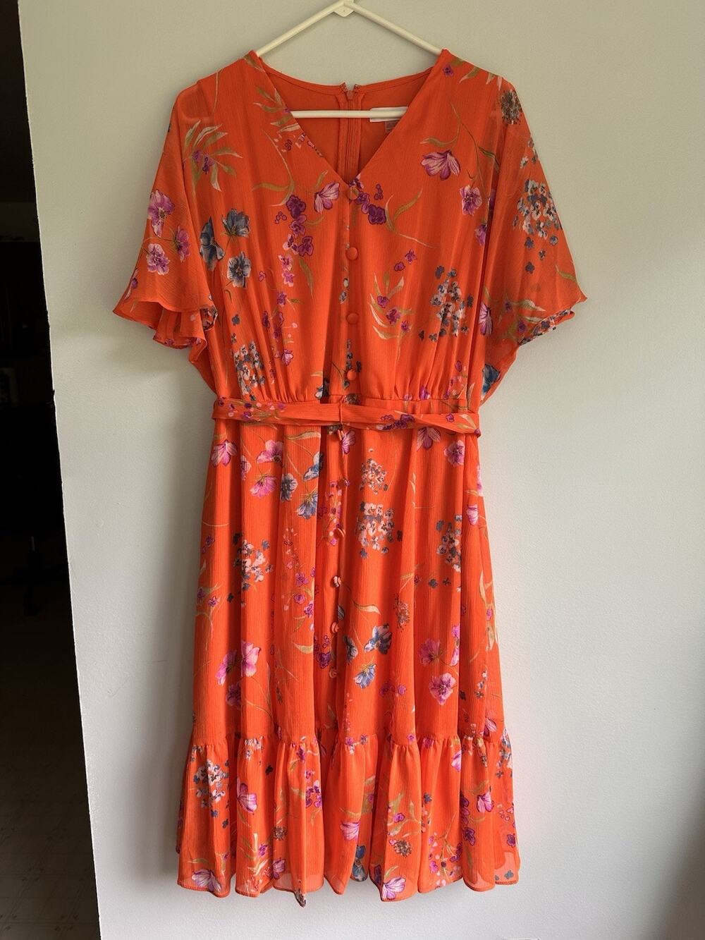 Calvin Klein Plus Size 20W NEW Floral Flutter-Sleeve Belted Midi Dress Orange